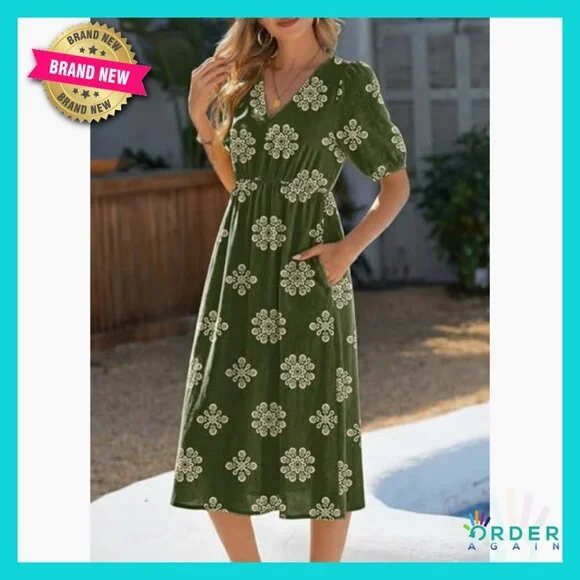 Boho Maxi Dress Flowy V Neck Short Sleeve Casual Summer Elegant with Pockets - Picture 4 of 7